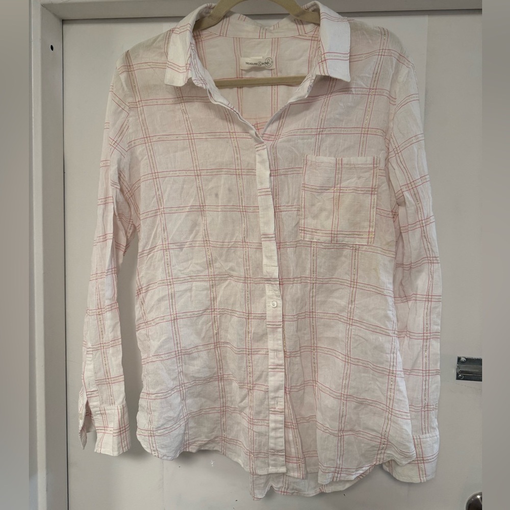 Treasure & Bond White Shirt with Pink and Gold Windowpane Stripes